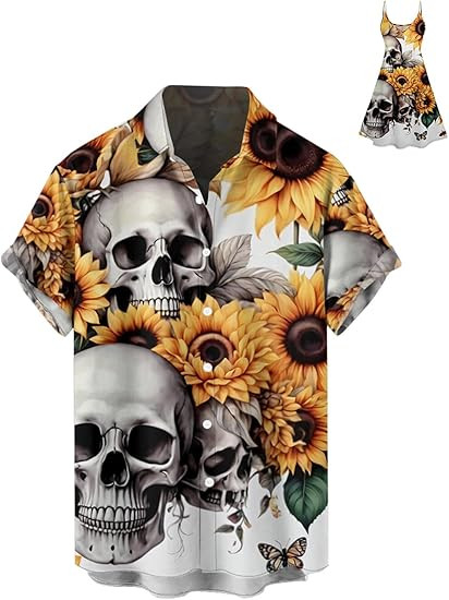 DRESSFO Matchable Couples' Outfit Skull Sunflower Print Men's Shirt Or Women's Spaghetti Strap Dress