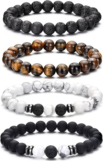 RANKEEF Tiger Eye Bracelet For Men 8MM Natural Stone Stretch Adjustable Black Crystal Beaded Bracelet for Men Women Gifts
